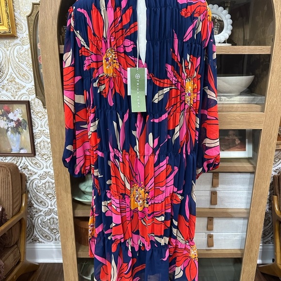 Trina Turk Silvery Dress 3/4 Balloon Sleeve A-line Gathered Size Medium BNWT - Picture 7 of 10